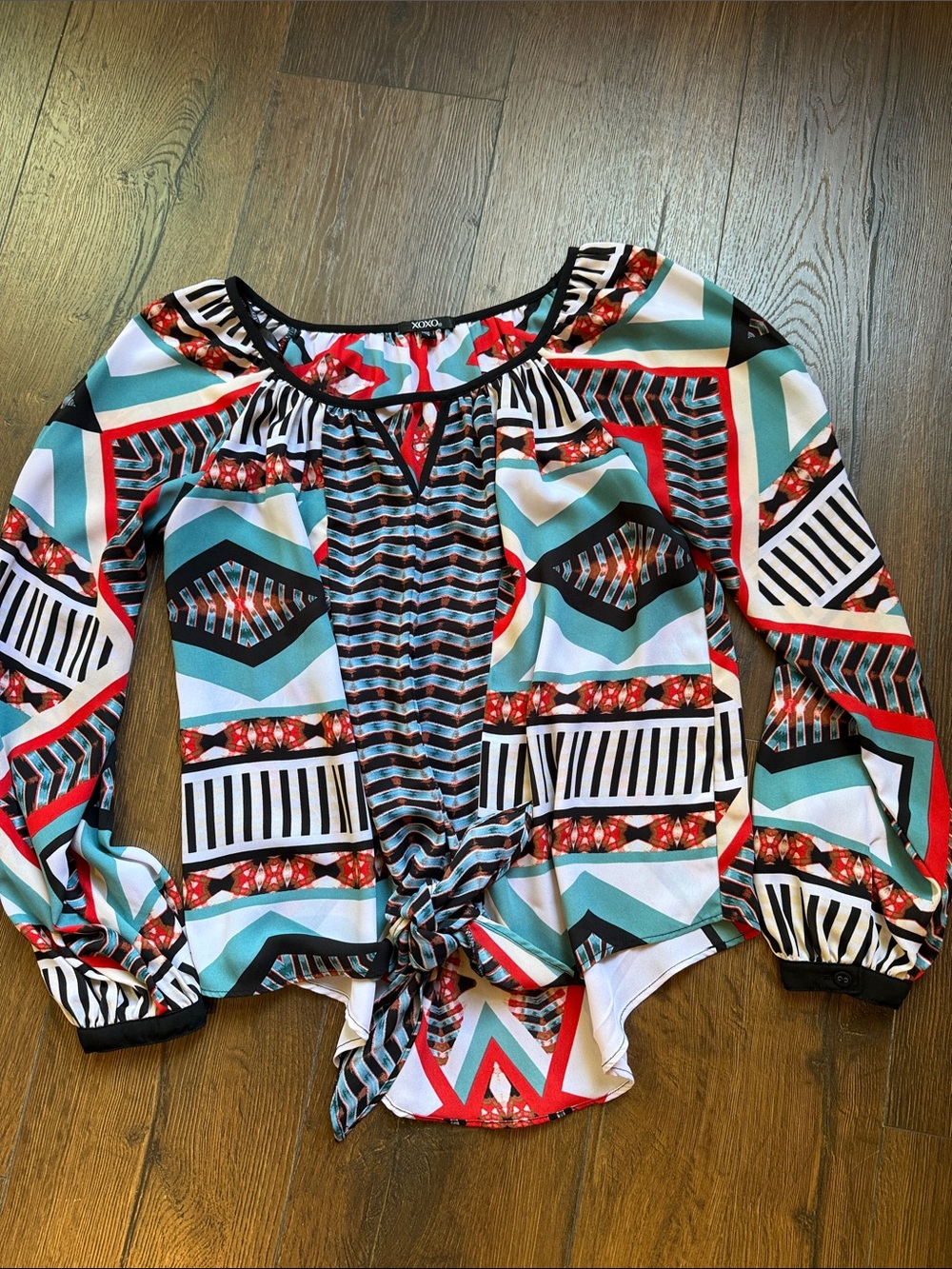 XOXO Teal Red Black White Geometric Tie-Front Blouse